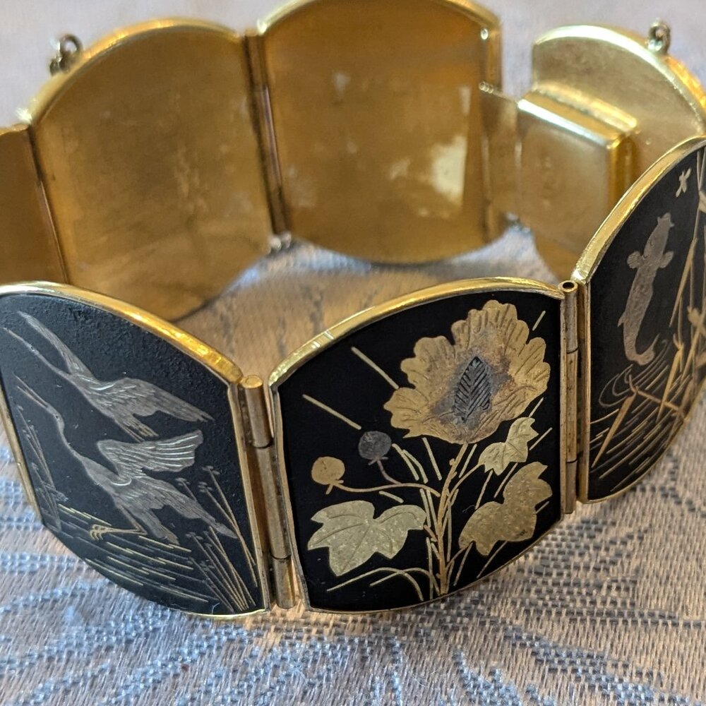 Vintage Asian Japanese Damascene Panel Bracelet | Gold & Silver Inlay - Classic